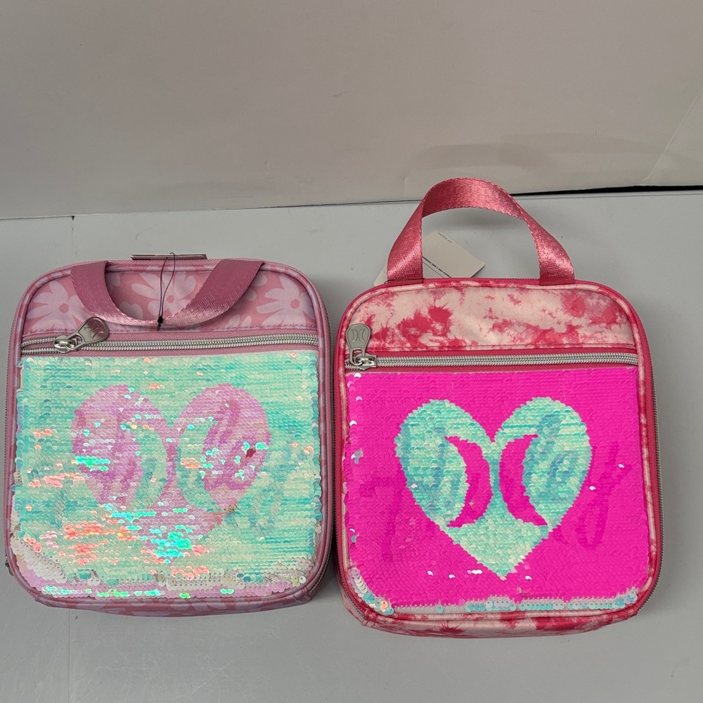 Set of 2 Hurley Lunch Box Tote Bags Flip Sequins Peony Pink Tie Dye NWT